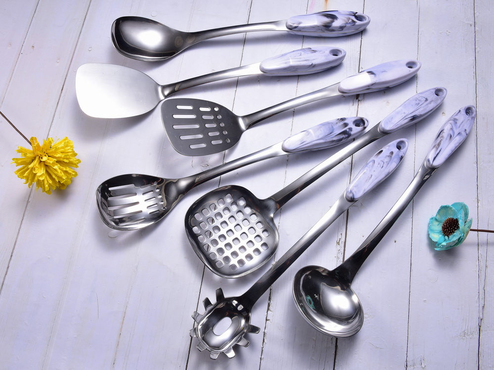 Weighted Stainless Steel Kitchen Utensil Set With Marble Pattern Handle High Quality Kitchen